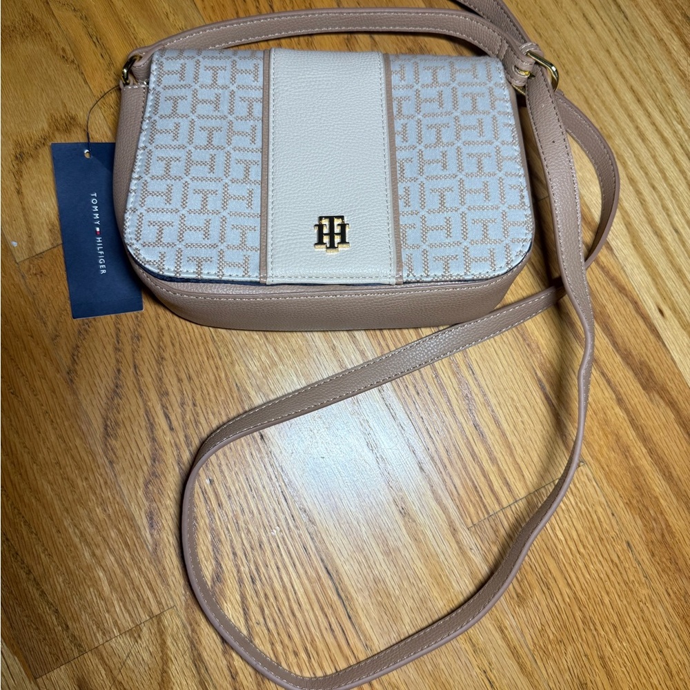 Tommy Hilfiger Cream and Brown Crossbody Bag with Monogram Pattern